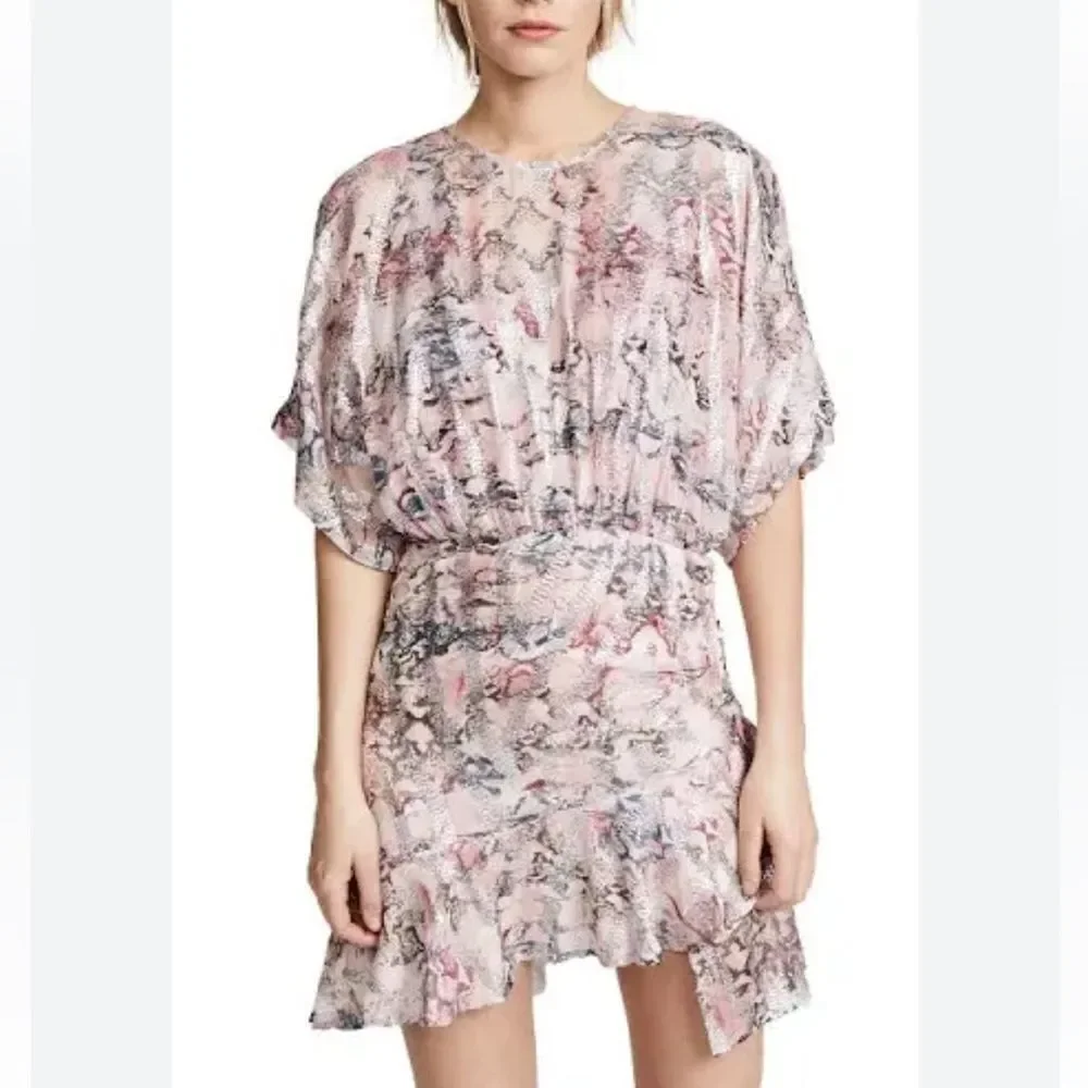 NWT IRO Wobam Printed Metallic Fil Coupé Silk Mini Dress Pink FR 34/ XS Revolve - Picture 9 of 16